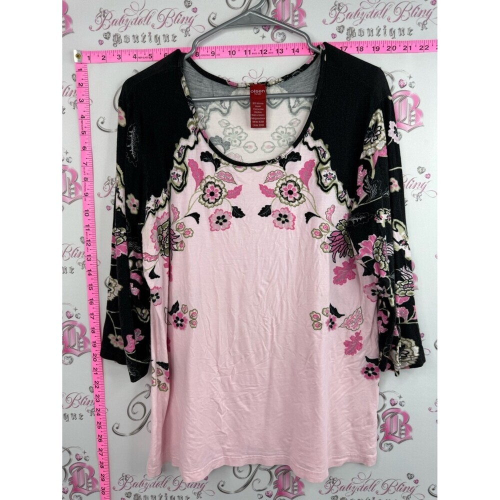Olsen Europe, shirt, Pink Floral Raglan Long Sleeve Top with Black Sleeves